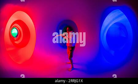 London, UK. 8th Sep, 2023. Simon Desorgher plays his flute - Eye Music Trust presents its Colourscape Festival on Clapham Common in its newly designed 70 chamber 'Festival Two' Colourscape. The festival of music and dance runs from 09-17th September. Credit: Guy Bell/Alamy Live News Stock Photo