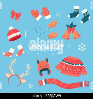 cosy set of winter accessories, clothes. Jumper, socks, horns, bells, hats, gloves Stock Vector