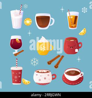 set of winter warm drinks vector illustration. coffee, tea, mulled wine, eggnog Stock Vector