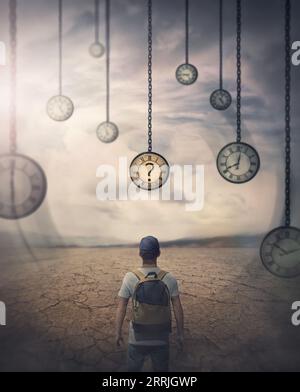 Different hour concept with a person lost in time walking a desolate land stands in front of multiple hanging down clocks has to choose the right mome Stock Photo