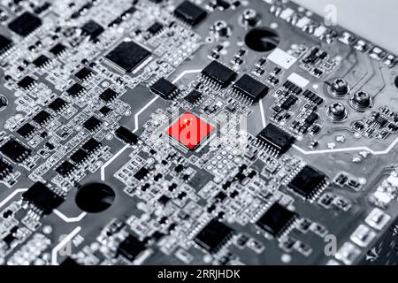 China flag on a processor, CPU Central processing Unit or GPU microchip on a motherboard. China develop own chip. Stock Photo