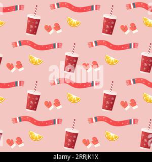 Seamless pattern cosy with winter accessories, jumper, hat, scarf, mugs. christmas and new year Stock Vector