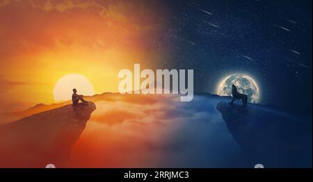 Equinox concept with sunrise against moonrise scene. Silhouettes of a person and a wolf on the edge of cliff, day equal night time Stock Photo