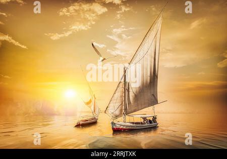 Bird over sailboats at fiery sunset on river Stock Photo