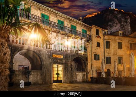 Cafe near Palace of Pima Family at night in Kotor, Montenegro Stock Photo