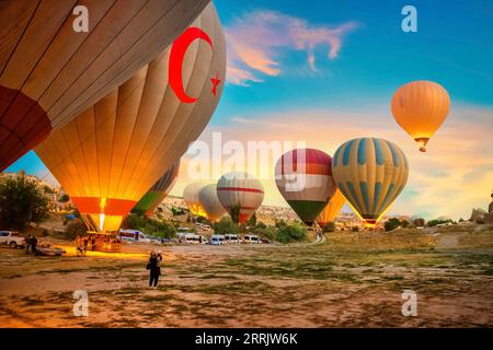 Hot air balloons at the start before the flight to Cappadocia Stock Photo