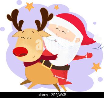 Cartoon Santa Claus and deer postcard design Stock Vector