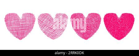 Vector set icons of heart in hand drawing style. Vector illustration of red hearts in grunge style for Valentines day. Stock Vector