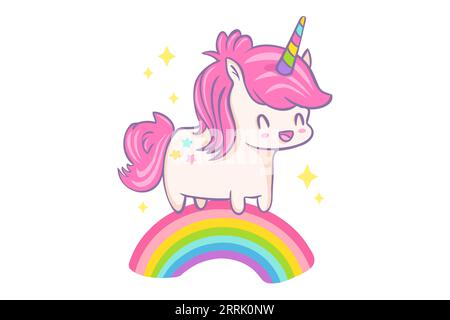 Vector greeting card with cute unicorn and rainbow in kawaii style. Vector illustration of a cute unicorn on rainbow Stock Vector