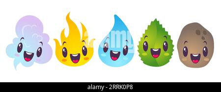 Vector illustration of nature elements in kawaii style. Vector set icons of five elements in chibi style. Water, fire, air, ground and plant. Stock Vector