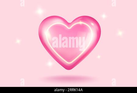 Vector icon of pink heart for Valentine's Day in realistic 3d style. Vector realistic banner with heart on pink background. Stock Vector