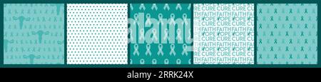 Set of Ovarian and Cervical Cancer Awareness Month teal backgrounds. Seamless pattern with teal cancer ribbons and uterus. Cancer prevention, women he Stock Vector
