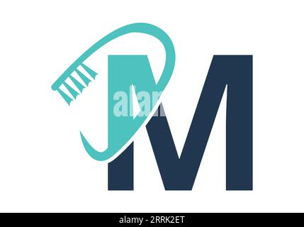 Initial Letter M Dental Logo Combine With Tooth Brush Symbol. Dental Care logo designs vector Template Stock Vector