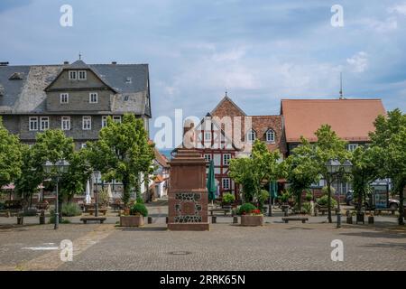 Amöneburg, Hesse, Germany - Old Town. Market place. Amöneburg is a small town in the central Hessian district of Marburg-Biedenkopf. It is located on the 365 m high mountain Amöneburg with the castle Amöneburg at the top. Stock Photo