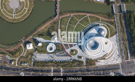 220821 -- SHANGHAI, Aug. 21, 2022 -- Aerial photo taken on Aug. 19, 2022 shows the Shanghai Astronomy Museum in Lingang new area of the China Shanghai Pilot Free Trade Zone in east China s Shanghai. Saturday marked the 3rd anniversary of the launching of Lingang new area.  CHINA-SHANGHAI-FTZ-LINGANG NEW AREA-3RD ANNIVERSARY CN JinxLiwang PUBLICATIONxNOTxINxCHN Stock Photo