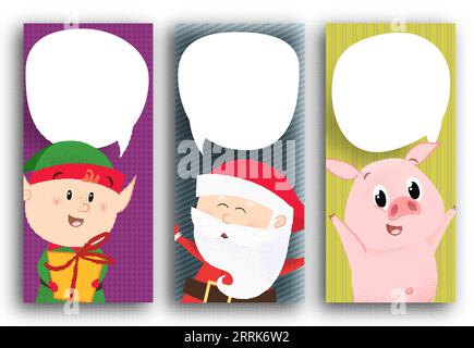 Poster creative design with funny piglet, Santa and elf Stock Vector