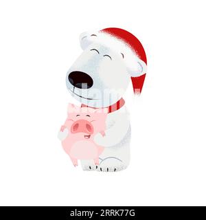 White dog in red scarf and Santa hat holding pig Stock Vector