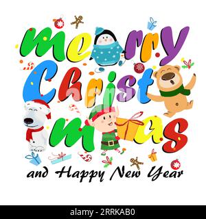 Merry Christmas and Happy New Year white postcard with cartoon characters Stock Vector