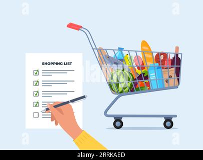 Grocery list for shopping in the store. Shopping list with marks. Shopping trolley full of food, fruit, products, grocery goods. Buying food in superm Stock Vector