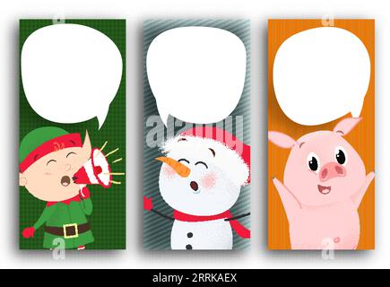 Postcard design with piglet, snowman and elf Stock Vector