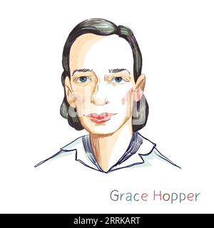 Grace Hopper colored pencil hatched portrait on white background. American computer scientist, mathematician, and United States Navy rear admiral Stock Photo