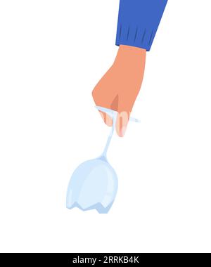 Hand holding broken wine glass. Hand throws broken wine glass into trash can. Glass waste. Trash sorting, recycling. Vector illustration Stock Vector