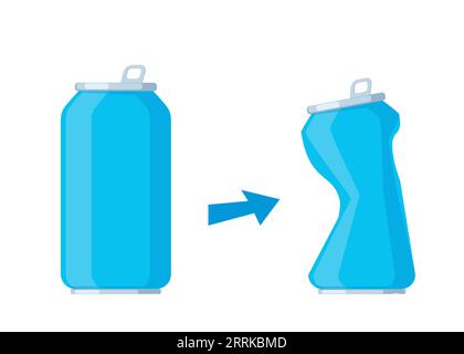 Soft drink aluminum blue can. Empty crushed soda aluminum can icon. Garbage recycle concept. Vector illustration Stock Vector