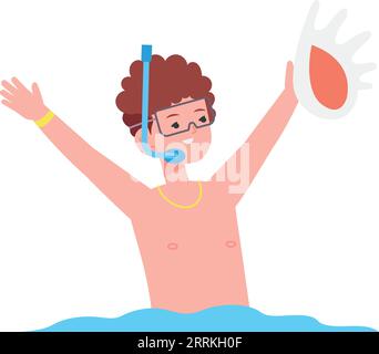 Boy snorkeling and find seashell. Happy kid in water isolated on white background Stock Vector