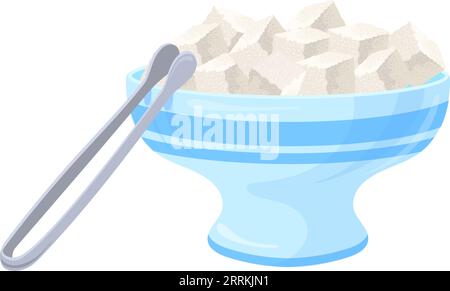 Ceramic bowl with sugar cubes. Sweet crystal cartoon icon isolated on white background Stock Vector