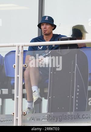 Former England captain Freddie Flintoff in the stands during the first one day international match at Sophia Gardens, Cardiff. Picture date: Friday September 8, 2023. Stock Photo