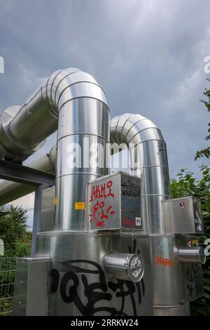 Essen, North Rhine-Westphalia, Germany - District heating pipeline in the Rüttenscheid district. The Osttrasse project crosses railroad tracks above g Stock Photo