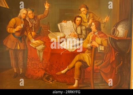 England, London, Greenwich, The Queen's House, Painting titled 'Gustavus Hamilton, 2nd Viscount Boyne, and Friends in a Ship's Cabin' dated 1732 Stock Photo