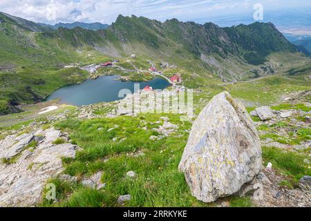 Picturesque view from above of Bâlea Lake in Făgăraș Mountains, Romania. Stock Photo