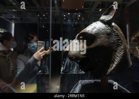 220926 -- SHANGHAI, Sept. 26, 2022 -- A visitor views a bronze tiger head at the exhibition Return in Golden Age: China s Retrieved Cultural Relics Exhibition in east China s Shanghai, Sept. 26, 2022. Return in Golden Age: China s Retrieved Cultural Relics Exhibition was launched Monday at the Minhang Museum in east China s Shanghai. The exhibition features China s cultural relics retrieved from overseas and now kept by the Poly Art Museum and the administration office of the Yuanmingyuan. Among the exhibits are bronze Chinese zodiac animal heads that belonged to the Yuanmingyuan Park, as well Stock Photo