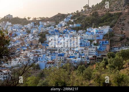 Panoramic view of famous blue colored city Chefchaouen, Morocco Stock Photo