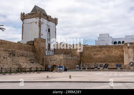 Medieval Borj al Khamra tower in the city center of Asilah, Morocco Stock Photo