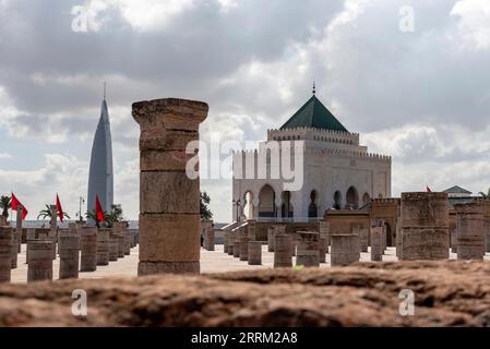 Iconic mausoleum of the Moroccan kings Hassan II. and Mohammed V. at the Hassan quarter in Rabat, Morocco Stock Photo