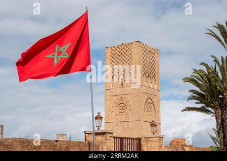 Iconic Hassan tower in the center of Rabat, planned as a even higher minaret of a mosque, Morocco Stock Photo