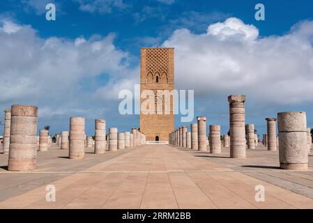 Iconic Hassan tower in the center of Rabat, planned as a even higher minaret of a mosque, Morocco Stock Photo