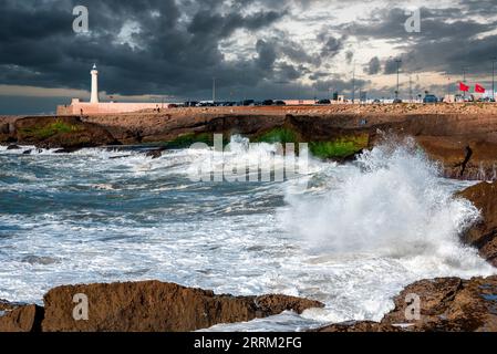 The lighthouse of Rabat during stormy sea, Morocco Stock Photo