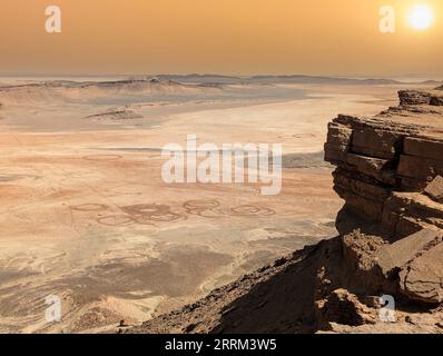 Panoramic view from the top of mount Gara Medouar to the desert, Morocco Stock Photo