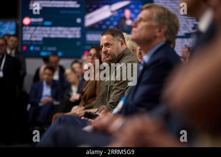 Kyiv, Ukraine. 08th Sep, 2023. Ukrainian chief of presidential staff Andriy Yermak, center, listens to speakers at the 18th meeting of the Yalta European Strategy conference, September 8, 2023 in Kyiv, Ukraine. Credit: Ukraine Presidency/Ukrainian Presidential Press Office/Alamy Live News Stock Photo