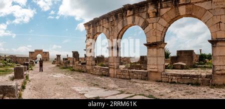 Iconic ruins of the forum in Volubilis, an old ancient Roman city in Morocco, North Africa Stock Photo