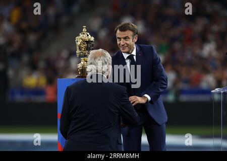 September 8, 2023, Paris, Ile-de-France, France: President of France EMMANUEL MACRON during Opening Ceremony of the Rugby World Cup 2023 preceding the Pool A game between France and New Zealand (Credit Image: © Mickael Chavet/ZUMA Press Wire) EDITORIAL USAGE ONLY! Not for Commercial USAGE! Stock Photo