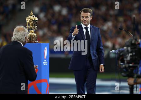 September 8, 2023, Paris, Ile-de-France, France: President of France EMMANUEL MACRON during Opening Ceremony of the Rugby World Cup 2023 preceding the Pool A game between France and New Zealand (Credit Image: © Mickael Chavet/ZUMA Press Wire) EDITORIAL USAGE ONLY! Not for Commercial USAGE! Stock Photo