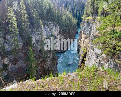 Sunwapta Falls along the Ice Fields Parkway in Jasper National Park in Canada on a beautiful day. Stock Photo