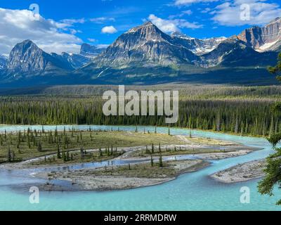 Athabasca River and surrounding mountains along the Ice Fields Parkway in Jasper National Park in Canada Stock Photo