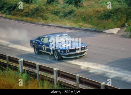 Peter Revson in a Shelby Racing Ford Mustang at the 1969 Trans Am race at  Circuit Mont-Tremblant in St. Jovite, Quebec, DNF Stock Photo