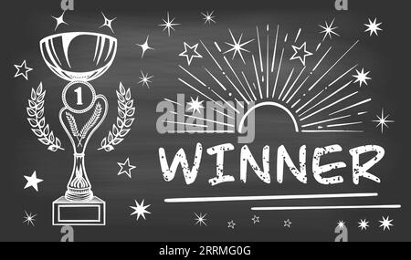 Poster with winner s cup, wreath, stars and rays of glory. Against the background of a black board stained with chalk. Vector Stock Vector