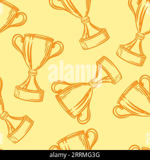 Cup winner seamless pattern. Sketch illustration. Orange yellow background. Vector. Stock Vector